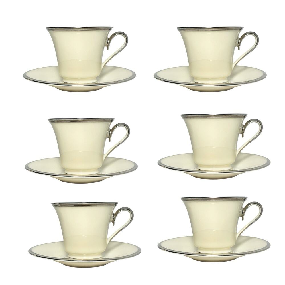 Lenox “Solitaire” Set of 6 Porcelain Tea Cups 3” 6oz & Saucers 6”